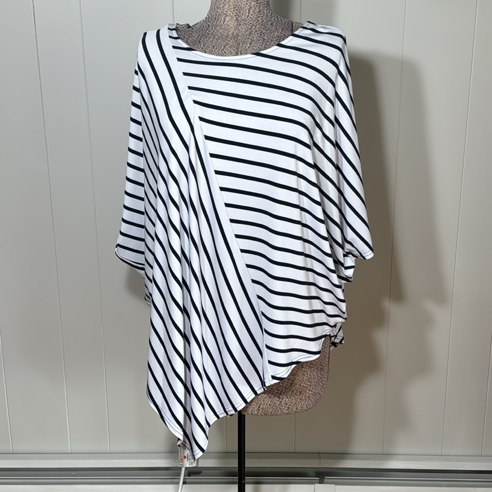 Alfani Womens Large Black and White Stripe Blouse Stretchy Bat Sleeves